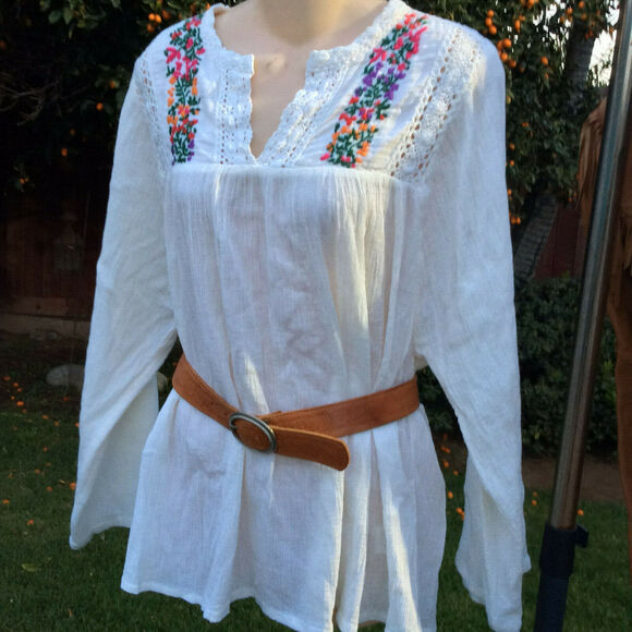 NWT BLUE HIPPY BOHEME $173 OAXACAN FESTIVAL EMBROIDERED GAUZE TUNIC BLOUSE M/L - Picture 1 of 12